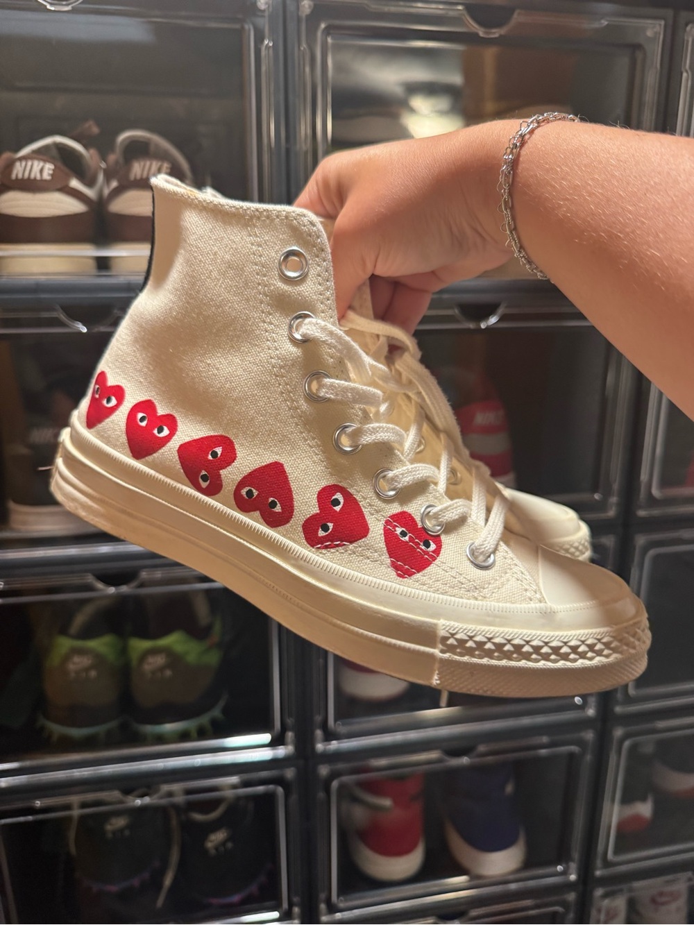 Comme des Garcons Cream High-Top Sneakers with Red Heart Motif